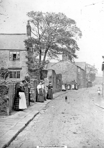 Crookes from junction with Stannington View Road (then named Long Walk), looking towards Toyne Street and Rock Cottage, Group of people in background are stood at the entrance to Court No. 15. Lady in the apron is Mrs Dale