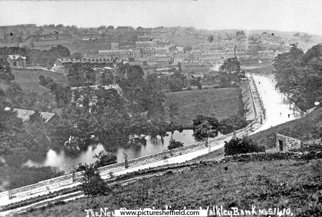 Rivelin Valley Road from Walkley Bank. Dam in foreground belongs to Walkley Bank Tilt, later Havelock Steel and Wire Mills. Hillsborough area in background