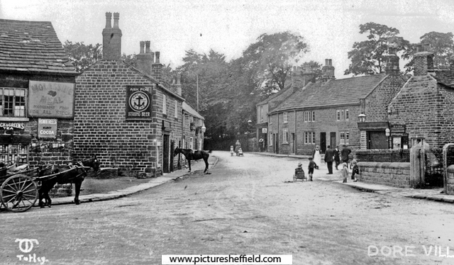 Church Lane from High Street, Dore Village, including No. 7 Church Lane, Hare and Hounds public house, left and Post Office, right