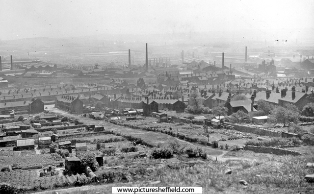 View from Wincobank Hill of the Allotments, Walling Road, Tipton Street and Sanderson Street and across to the Brightside Works and River Don Works