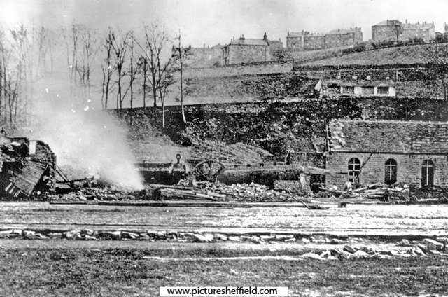 Sheffield Flood, Burning refuse at remains at H. Johnson and S.J. Barker's, Limbrick Wheels, Rollers and Makers of Crinoline Wires, River Loxley