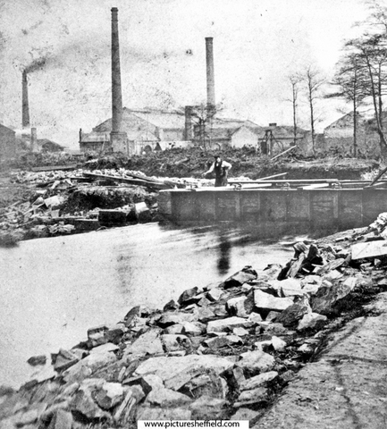 Sheffield Flood. Remains of the 'Shuttle House', residence of James Sharman, head of Bacon Island (formed by the River Don dividing into two branches), William and Samuel Butcher, steel tilters and rollers, Philadelphia Steel Works, in background