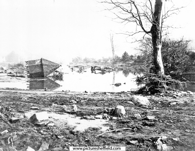 Sheffield Flood, remains of a summer house from the garden of George Hawksley (owner of Upper Wheel, Owlerton), which was carried away and deposited in the middle of a dam