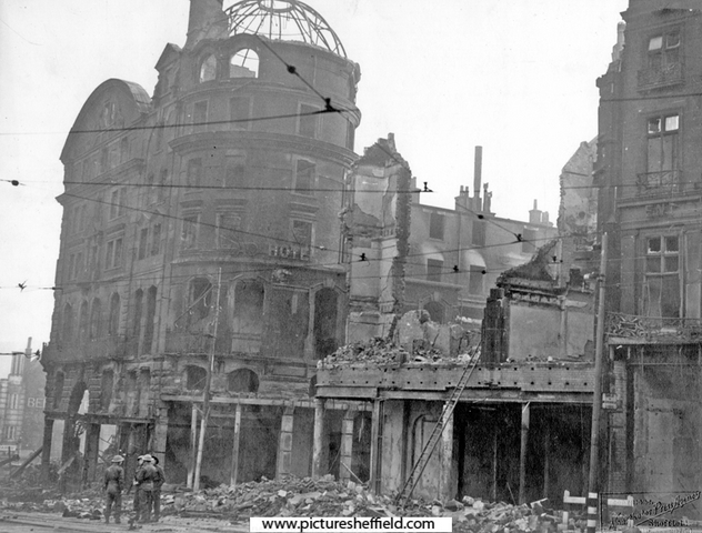 Junction of  High Street and Change Alley, Kings Head Hotel, showing air raid damage