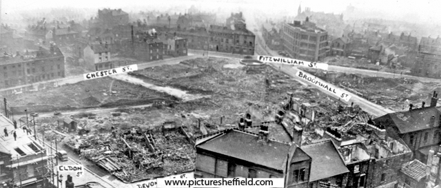 Elevated view of Fitzwilliam Street, Broomhall Street, Devonshire Street, Eldon Street and Chester Street, cleared after air raids