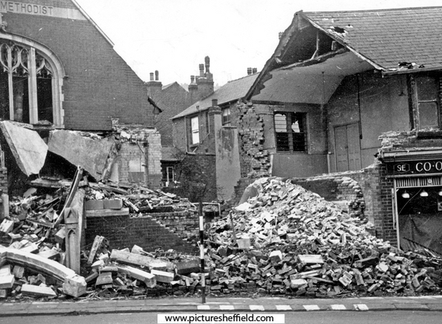 Scarsdale Methodist Church and Sheffield and Ecclesall Co-op Society, Chesterfield Road (bottom of Scarsdale Road), air raid damage
