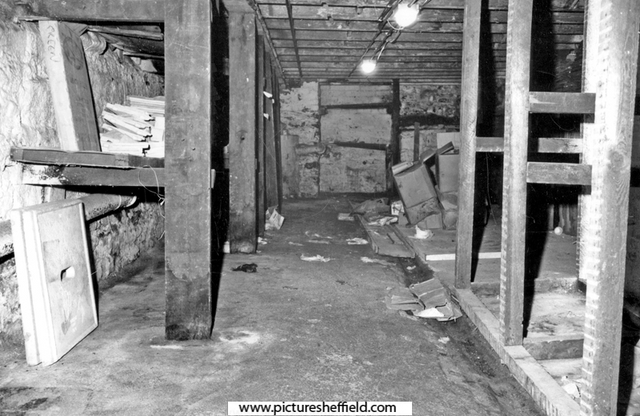 Interior of the old Britannia Theatre, West Bar, showing beer and wine cellar. Note the open drain on the right