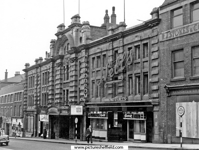 Hippodrome Theatre and Nell's Bar, Cambridge Street. Opened 23 December 1907 as a Music Hall. Became a permanent cinema on 20 July 1931. In 1948, came under the management of The Tivoli (Sheffield) Ltd. Closed 2 March 1963 and demolished