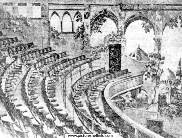 Interior of the Palace Theatre, Attercliffe Road, after redecoration in Moorish style, for cinema use. Originally a Variety Theatre called The Alhambra which opened 3rd January 1898, renamed at the turn of the century and closed 1st July 1955
