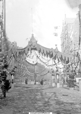 Queen Victoria's visit to Sheffield. Decorations on High Street looking towards Church Street