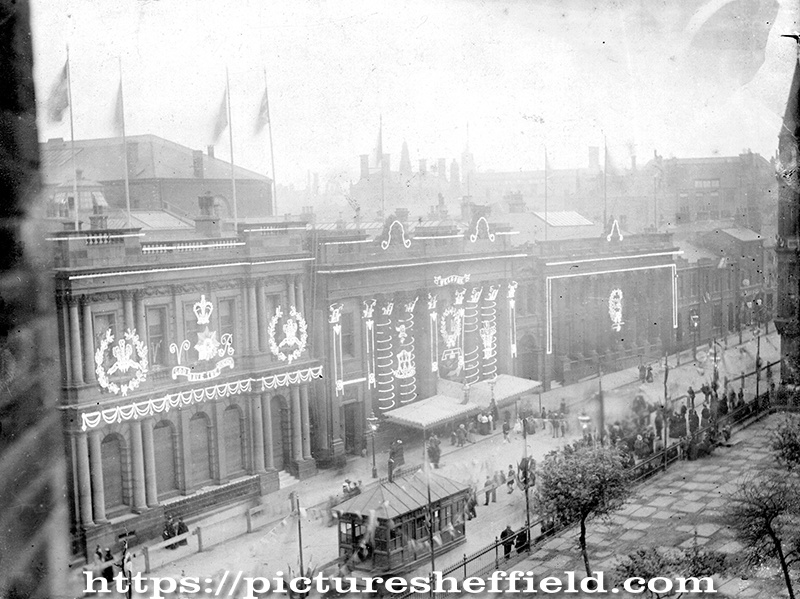 Queen Victoria's visit to Sheffield. Church Street, including Cutlers Hall, decorated for visit