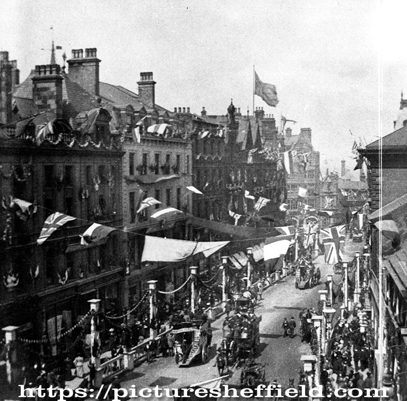 Elevated view of Fargate showing decorations for the royal visit of Queen Victoria