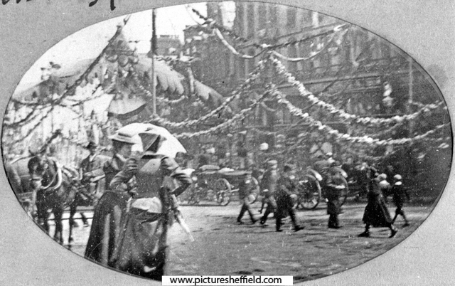 Queen Victoria's visit to Sheffield. High Street, showing decorations
