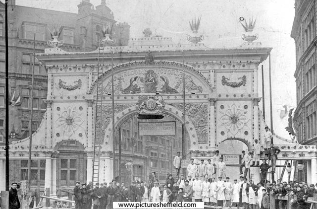 Queen Victoria's visit to open the Town Hall. Decorative arch erected in Pinstone Street