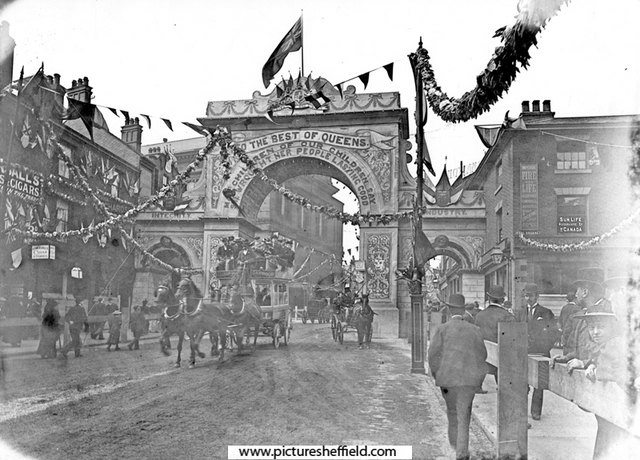 Decorations for visit of Queen Victoria, Barker's Pool, Albert Hall in background