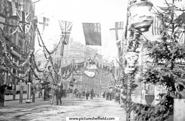 Decorations for Queen Victoria's visit. Looking up High Street towards Cole Brothers