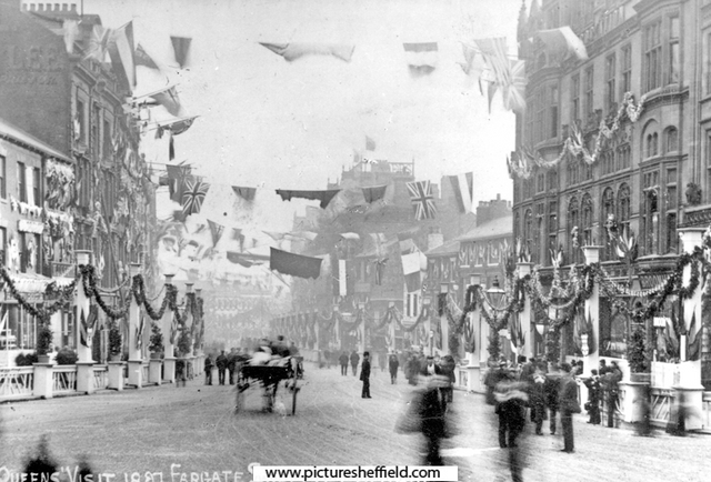 Fargate decorated for the royal visit of Queen Victoria, Carmel House, right