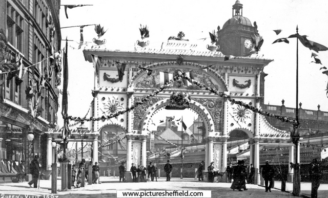Queen Victoria's visit. Decorative arch in Pinstone Street, St. Paul's Church in background