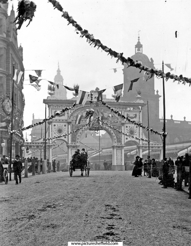 Queen Victoria's visit. Decorated arch on Pinstone Street