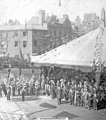 Queen Victoria's visit, Town Hall Square, military band. No. 70 Charles A. George, chemist, in background