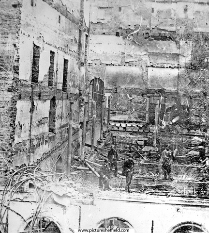 The charred remains of the old Surrey Theatre, West Bar, after the fire on the 25th March 1865.