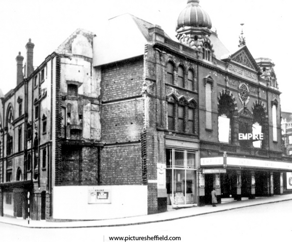 The Empire Theatre, Charles Street at junction with Union Street. Opened 1895. Closed May 1959 and demolished the following year. Note the missing turret on the right which was destroyed in the Blitz 	