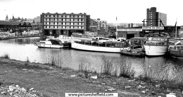 Straddle Warehouse and Greens Canal and Rivercraft, Sheffield Canal Basin with Smithfield House (right)