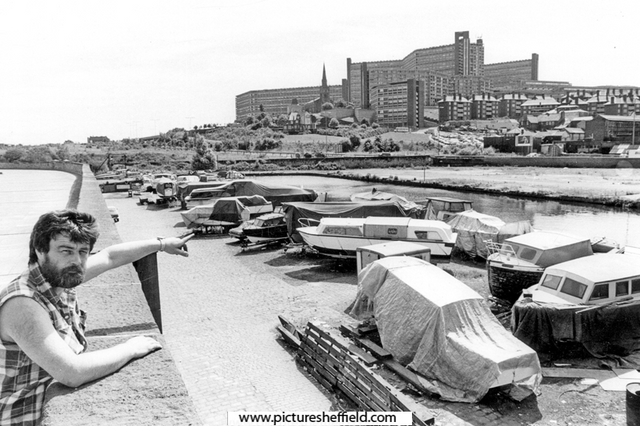 Dave Tulley and Motor Cruises, Sheffield Canal Basin, Hyde Park Flats in the background