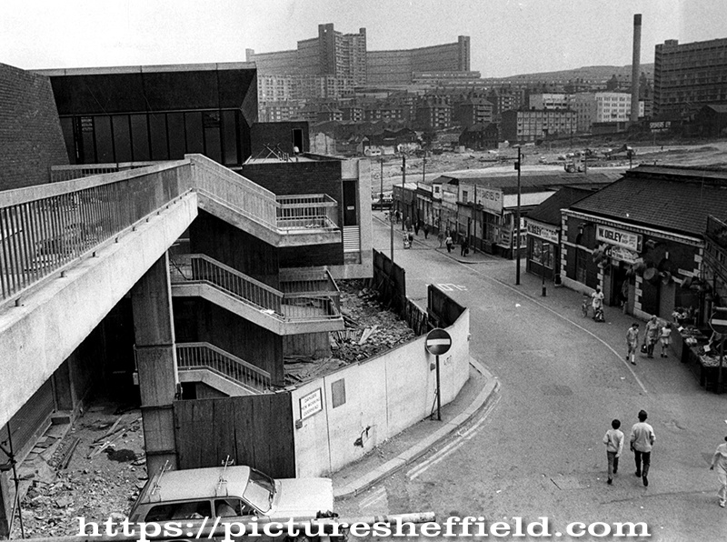New Sheaf Market under construction, old Sheaf Market on right, Hyde Park and Park Hill Flats in background