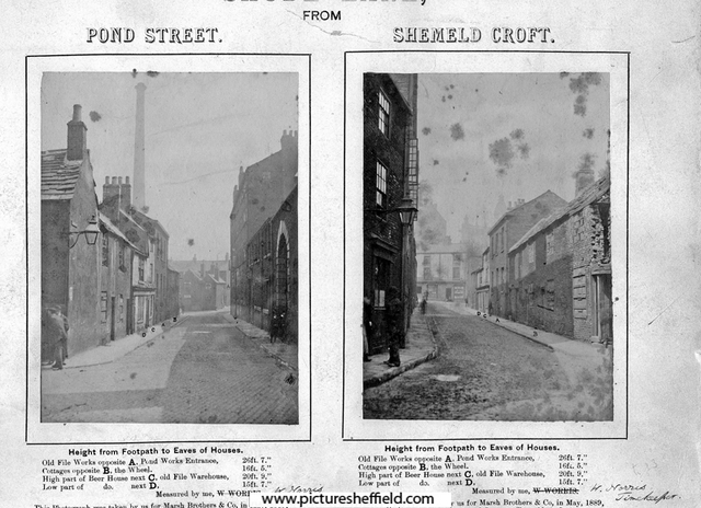 Shude Lane, left, Shude Lane from junction of Shude Hill and Pond Street, Marsh Brother's Pond Works, right, second building on left was No 2, Golden Lion public house, Right, Shude Lane looking towards Shude Hill from junction with Shemeld Croft
