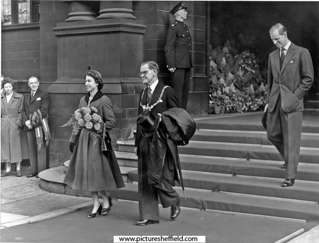 Queen Elizabeth II and the Duke of Edinburgh leaving the Town Hall