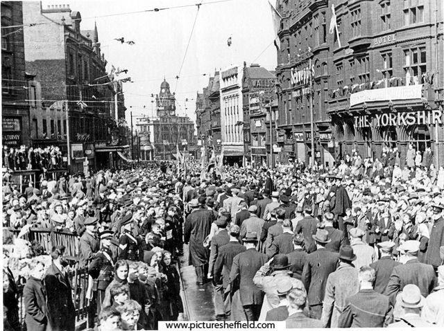 VE Day Victory Parade, Fargate, Carmel House, Yorkshire Penny Bank and Albany Hotel, right