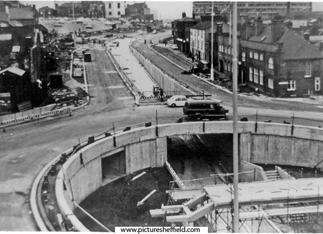 Furnival Square roundabout and underpass during construction, looking towards Arundel Gate. Furnival Gate, left