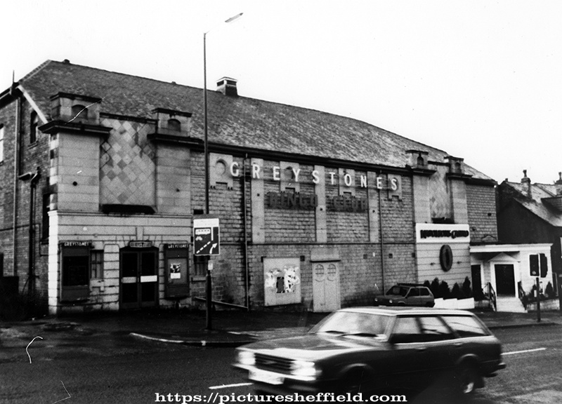 Bingo hall formerly Greystones Picture Palace, Ecclesall Road South. Opened 27 July 1914, seating 700. Equipped with a stage for variety shows. Closed 17 August 1968. The auditorium reopened as a bingo hall but was later destroyed by fire and demolis