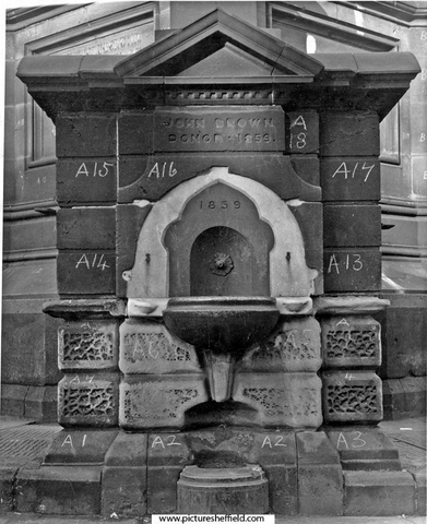 Drinking fountain at base of the Crimean Monument, Moorhead, numbered prior to removal. Given to the city in 1859 by John Brown, former Lord Mayor and Master Cutler