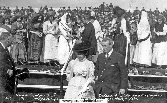 Empire Day at Bramall Lane , Duchess of Norfolk presenting memento to Miss Emily Wilson.