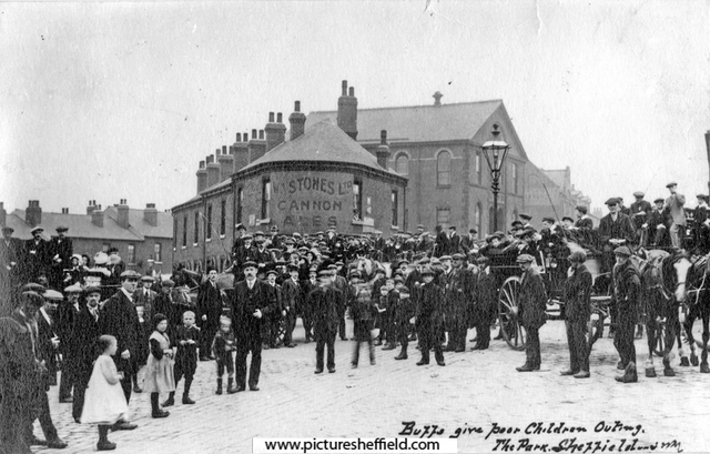 Buffalos outing for poor children of Park area, photographed from Cricket Inn Road. Aston Street, left. St. John's School, Cricket Inn Road, behind lamppost