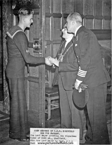Lord Mayor, Alderman William Ernest Yorke greets Boy Signalman Tyler of Nidd Road with Capt., G.H B. Foulkes