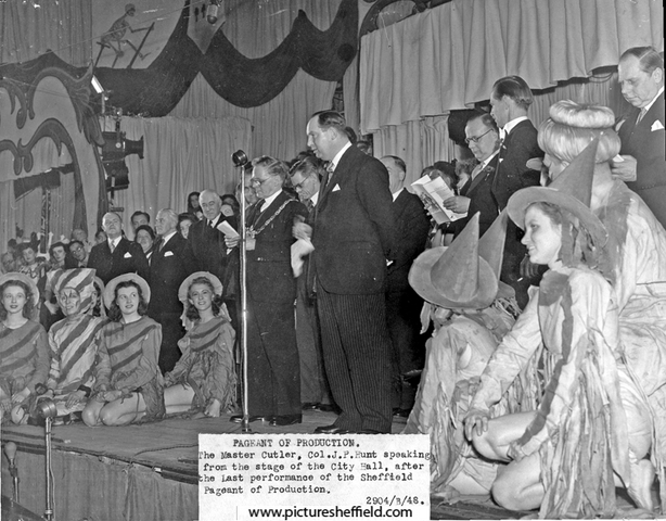 Pageant of Production, The Master Cutler, Col., J.P. Hunt speaking after the last performance in the Oval Hall of the City Hall