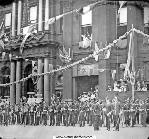 Cutlers Hall, Church Street, decorated for royal visit of King Edward VII and Queen Alexandra