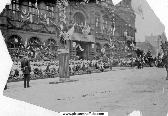 Town Hall decorated for the royal visit of King Edward VII and Queen Alexandra