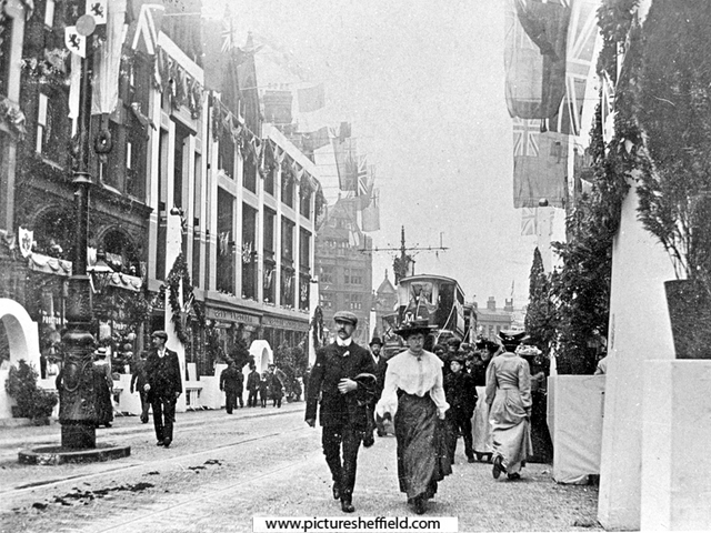 Royal visit of King Edward VII and Queen Alexandra, Fargate, shops include Nos. 16 - 30 Robert Proctor and Son, drapers and Cole Brothers, department store