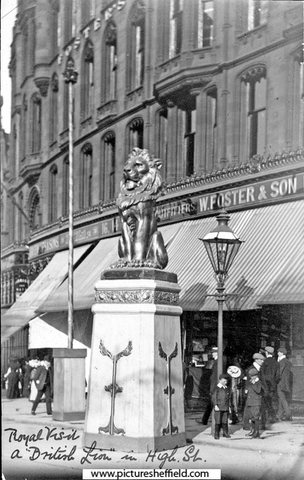 Royal visit of King Edward VII and Queen Alexandra, High Street, decorative lion outside Nos. 10 - 16 William Foster and Son Ltd., tailors, Foster's Buildings