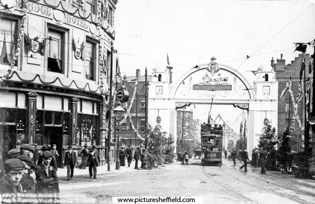 Decorations on Waingate, looking towards Lady's Bridge, for the royal visit of King Edward VII and Queen Alexandra. Lady's Bridge Hotel, Bridge Street, left