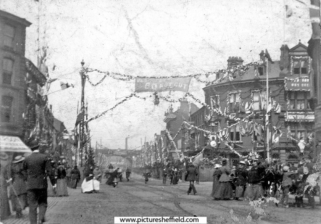Decorations for Queen Victoria's visit on The Wicker showing (right) No. 14 Corner Pin Hotel