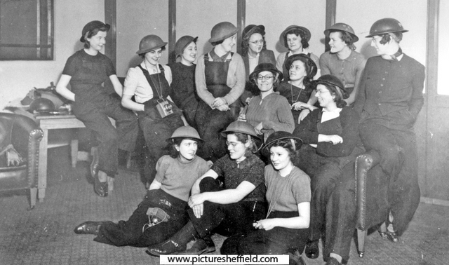 Library staff prepare for fire watching duties during World War II, Central Library, Surrey Street