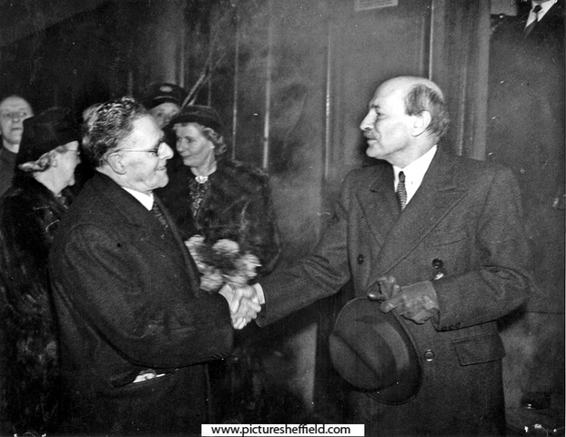 Lord Mayor, Alderman William Ernest Yorke (left) greeting Clement Attlee at the 'Sheffield on it's Mettle' Exhibition