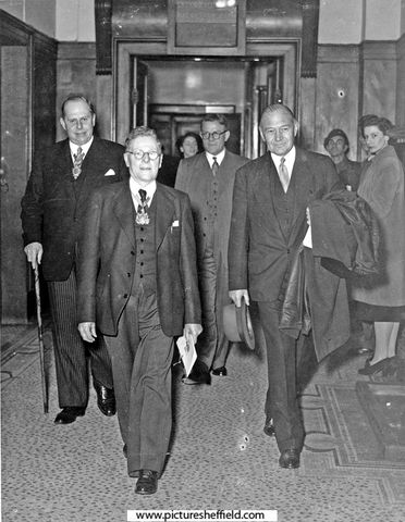 Lewis Douglas, American Ambassador, the Lord Mayor, Alderman William Ernest Yorke, Sir Harold West, Mr. W. Asbury arriving at the 'Sheffield On Its Mettle' Exhibition