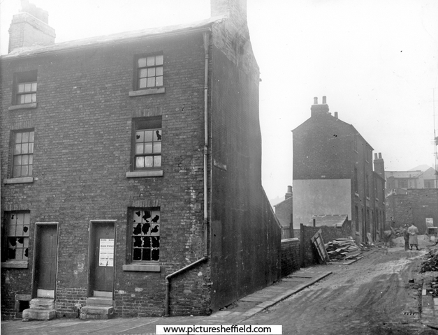 School Lane from Nos 51 and 51A Duke Street, rear of Feathers Inn in extreme background