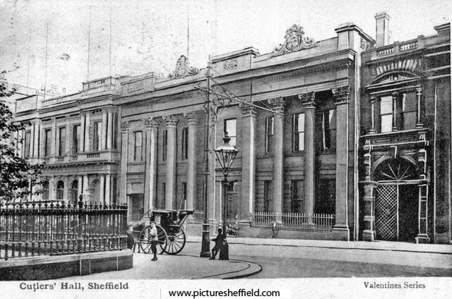 The Cutlers Hall, postmarked 1903, Williams Deacon's Bank Ltd., No. 5, Church Street, left, (previously Sheffield and Rotherham Joint Stock Banking Co. Ltd.) 	